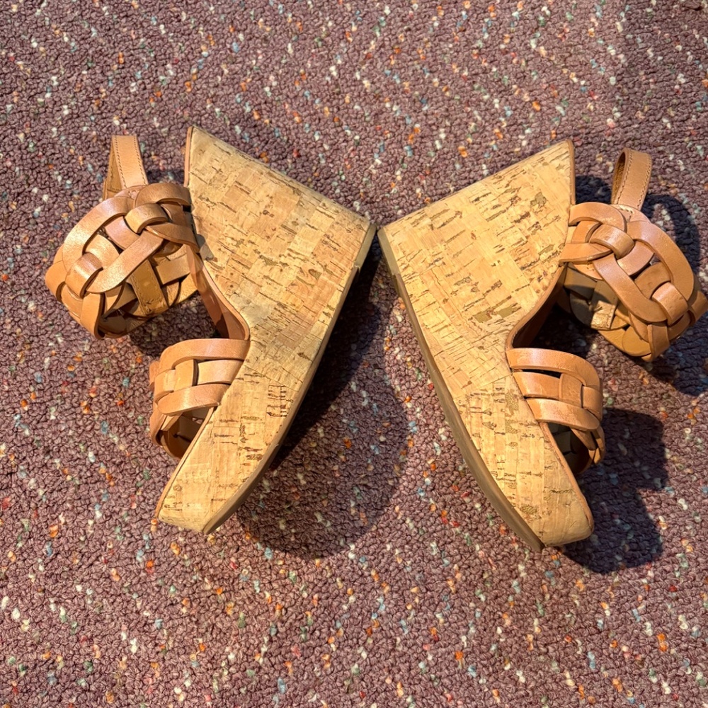 Tory Burch Cork Calyca Wedge Leather Sandal Heels - Picture 2 of 4